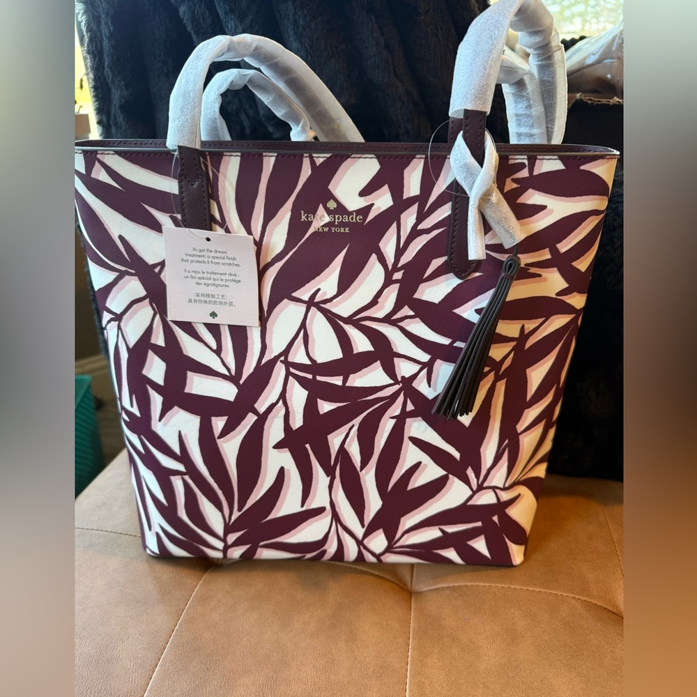 Kate Spade Maroon and Cream Leaf Pattern Tote